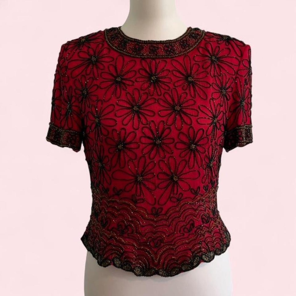 Vintage Papell Boutique red beaded floral top